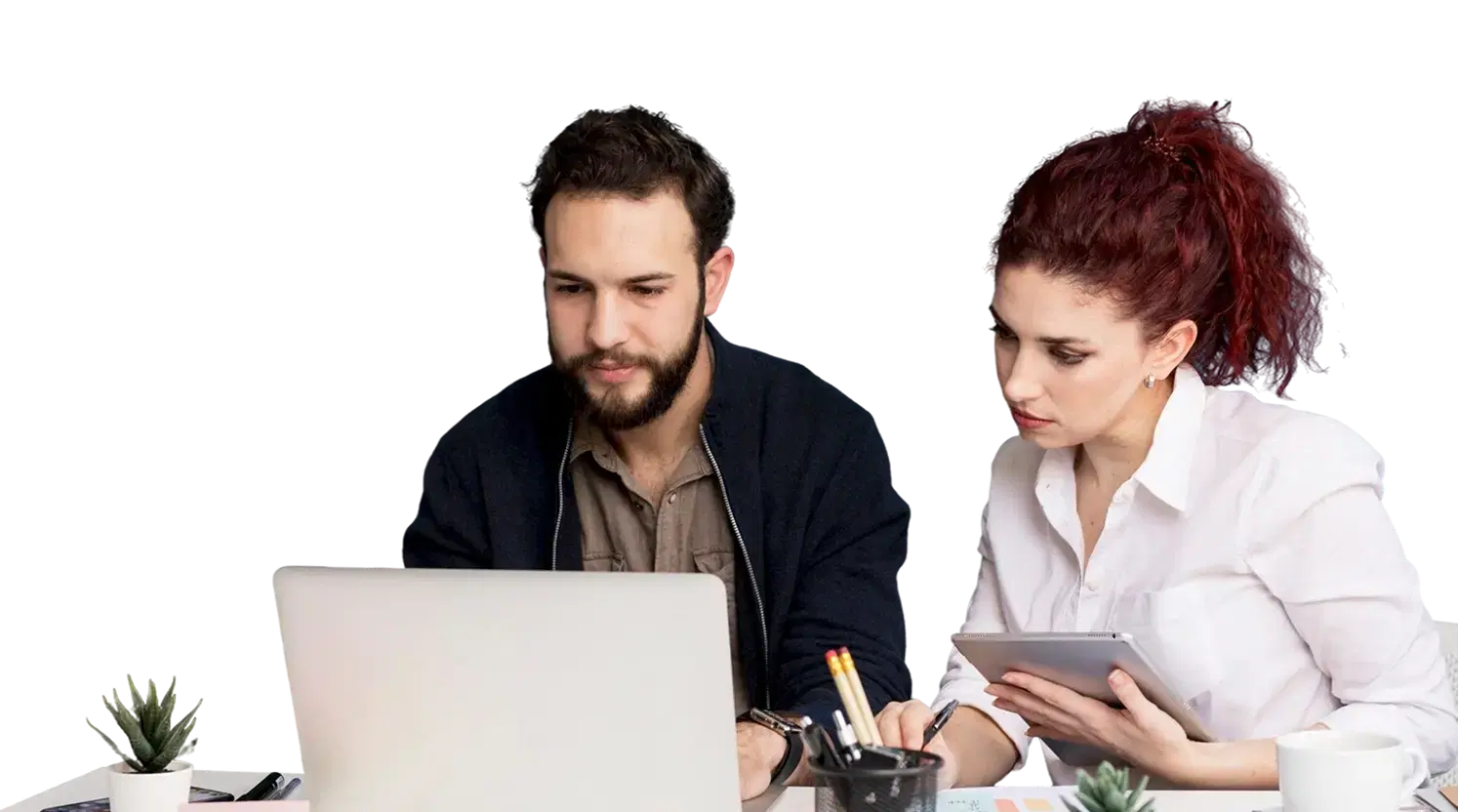 Adult man and woman working together